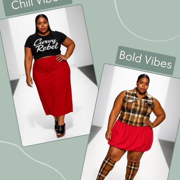 One Skirt - TWO LOOKS -- Plus size red Maxi skirt. No pockets. Elastic waistband - Picture 1 of 11